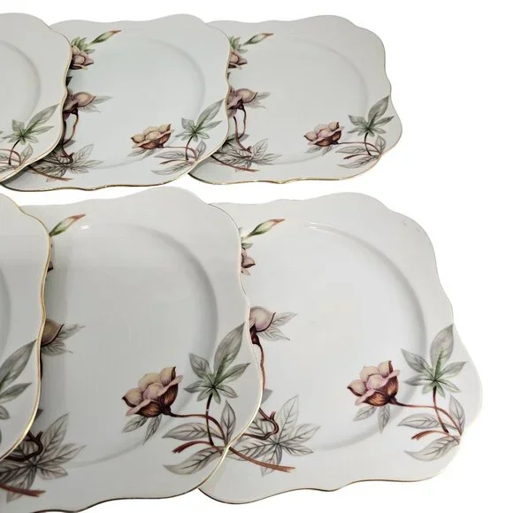 6 Blue Woodrose Square Lunch Plate 7.5" Meito Japan salad gold scalloped edge vt - Picture 3 of 9